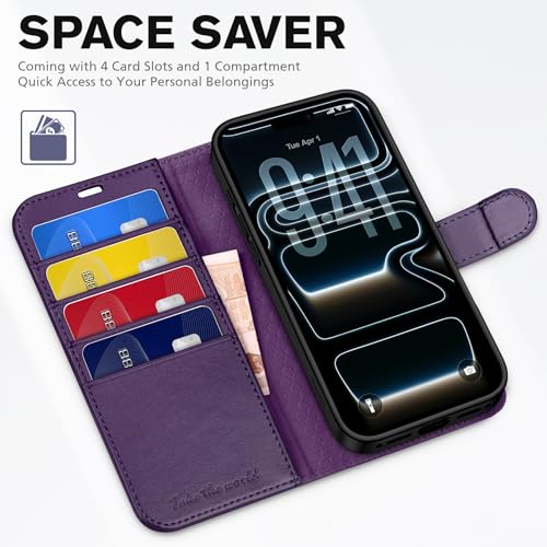 TUCCH Wallet Case for iPhone 17 Pro (6.3") 2025, 4 Card Holder, Deep Purple | RFID Blocking, Viewing Stand, Shockproof TPU Shell, PU Leather, Magnetic Closure, Protective Folio Flip Cover - color: Deep Purple
