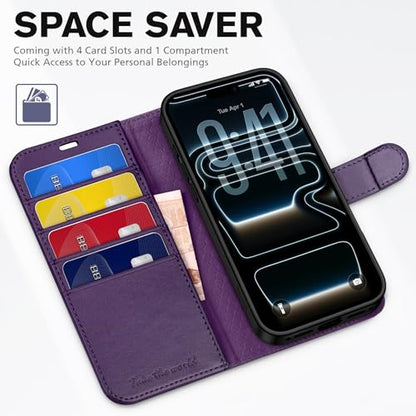 TUCCH Wallet Case for iPhone 17 Pro (6.3") 2025, 4 Card Holder, Deep Purple | RFID Blocking, Viewing Stand, Shockproof TPU Shell, PU Leather, Magnetic Closure, Protective Folio Flip Cover - color: Deep Purple