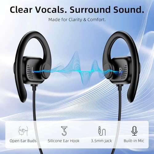 Open Ear Wired Earbuds 3.5mm Headphone with Mic Right Angled Ear Hook Black