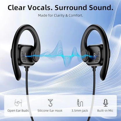 Open Ear Wired Earbuds 3.5mm Headphone with Mic Right Angled Ear Hook Black