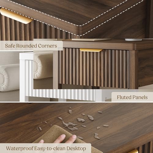 Night Stand Set 2, Fluted Wood Nightstands w/Charging Station for Bedroom - color: Walnut, size: 1 Drawer-Set of 2 Nightstand