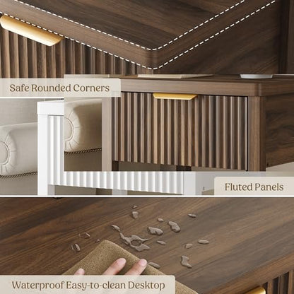 Night Stand Set 2, Fluted Wood Nightstands w/Charging Station for Bedroom - color: Walnut, size: 1 Drawer-Set of 2 Nightstand