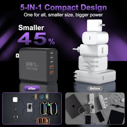 USB C Charger Block Fast Charging,60W Phone Charger USBC Wall Plug Adapter - color: Black-2Pack