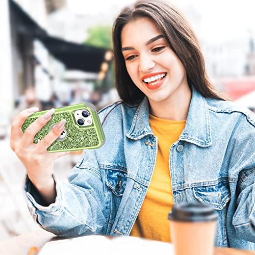 Hython Case for iPhone 13 Case Glitter, Cute Sparkly Shiny Bling Sparkle Cover, Heavy Duty 3 in 1 Hybrid Hard PC Soft TPU Bumper Full Body Shockproof Protective Phone Cases for Women Girls, Green - color: Green