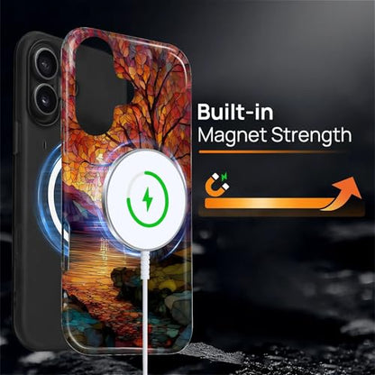 Magnetic Phone Case for iPhone 16 Plus,Compatible with MagSafe,Durable 2 Layers Full Covered Shockproof Protective Cover-Stained Glass Sunrise Fall Leaves - color: Stained Glass Sunrise Fall Leaves, size: iPhone 16 Plus