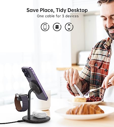 3 in 1 Magnetic Wireless Charging Station for Apple Devices,15W for Magsafe - color: Black Woodgrain