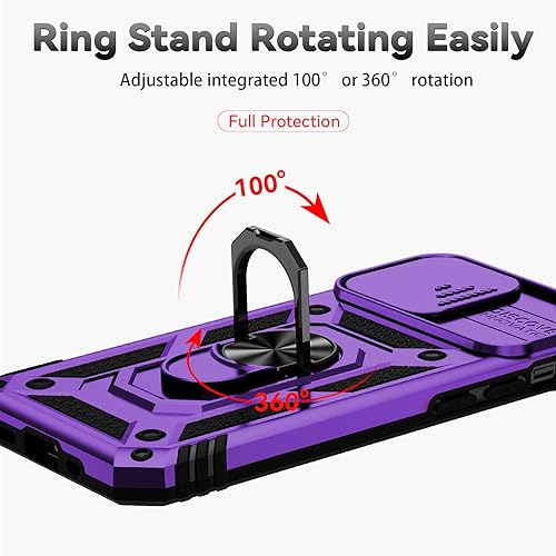 for iPhone 12 Mini Case with Camera Lens Cover HD Screen Protector, Dual Layer Military Grade Drop Protection Magnetic Ring Holder Kickstand Protective Phone Case for iPhone 12 Mini 5.4 inch (Purple) - color: Purple with camera cover Military-Grade 2nd ge