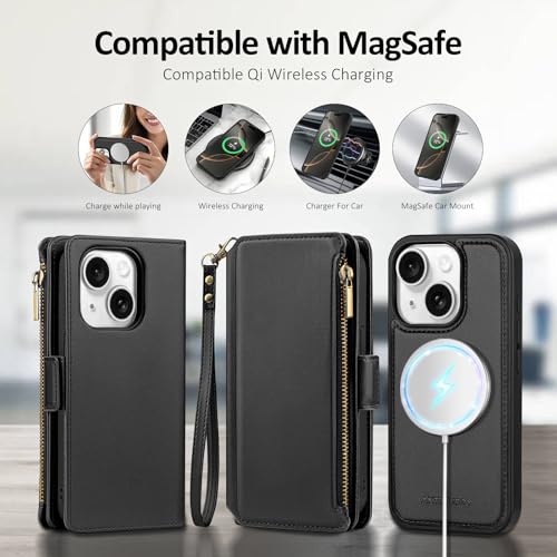 Antsturdy Compatible with MagSafe iPhone 14 Wallet Case,Black | Detachable Magnetic Credit Card Holder,RFID Blocking,PU Leather Zipper Purse,Wrist Strap Kickstand,Flip Phone Cover for Women - color: (Detachable with Magsafe)-Black