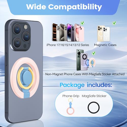 Magnetic Phone Ring Holder with Metal Ring Sticker, Long Grip as Hook, Cell Phone Grip for Hand Removable Finger Holder Compatible for MagSafe Sticker iPhone 17/16/15/14/13/12 Series, Pink - color: Pink with Blue Center