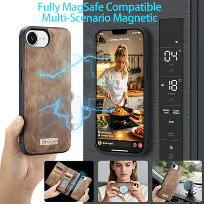Compatible with iPhone 17E/16E Wallet Case with Magsafe,Brown | Magnetic Detachable Case,Card Holder,Zipper Pocket,Strap Wristlet, Soft Leather Drop-Proof Phone Case for iPhone 17E/16E - color: (Detachable and Magsafe)-Brown, size: iPhone 16E/17E 6.1 Inch