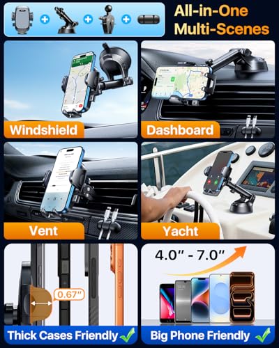 YRU【True Military-Grade Safety & Patent Certs 360°Rotation Car Phone Holder【100+LBS Strong Suction & Clip】 Windshield Dash Vent Cell Phone Mount Cradle for iPhone17 16 Pro Max Truck Samsung, Grey - color: Grey