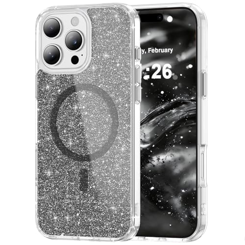 LEMAXELERS Magnetic Clear Glitter Case for iPhone 12 Pro Max -Black SF | Compatible with Magsafe Cute Sparkly for Women Girls Clear TPU Bumper Shockproof Protective Phone Case - color: Black, size: iPhone 12 Pro Max