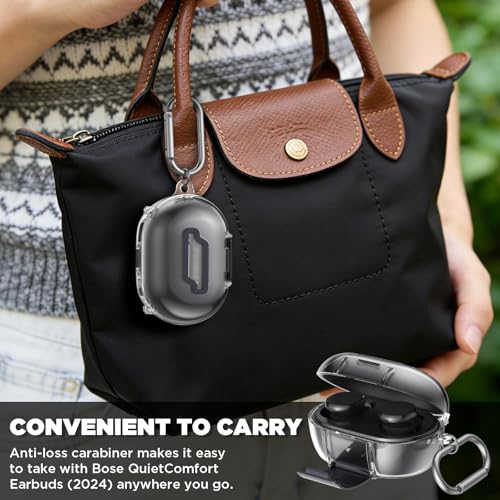 for Bose New QuietComfort Earbuds Case (2024), TPU Protective Cover with Phone Holder Stand & Double Safety Lock, Supports Wireless Charging, Includes Carabiner and Cleaning Pen (Transparent) - color: Transparent