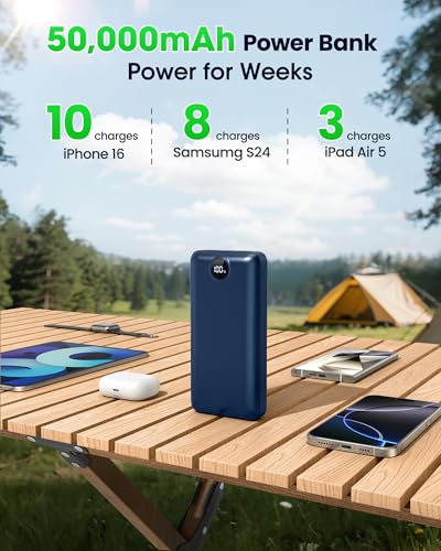 Portable Charger Power Bank 50000mAh 22.5W Fast Charging Battery Bank USB C External Battery Pack with 3 Output & 2 Input Digital Display Travel Essential for iPhone 16/15/14/13/12, Samsung, iPad etc - color: Blue