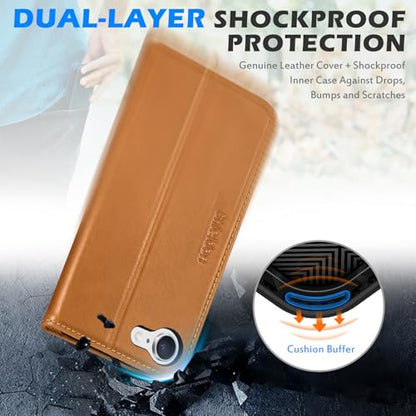 SHIELDON Genuine Leather Case Wallet for iPhone 17e/16e, Retro Light Brown | Flip Magnetic Cover, RFID Blocking, Credit Card Holder, Kickstand, Book Design, Shock-Absorbent Phone Cover - color: Retro Light Brown