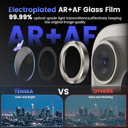 Tensea Camera Lens Protector for iPhone 15 Pro/Pro Max, 9H Tempered Glass, Metal Ring for 6.1/6.7 inch - color: Titanium