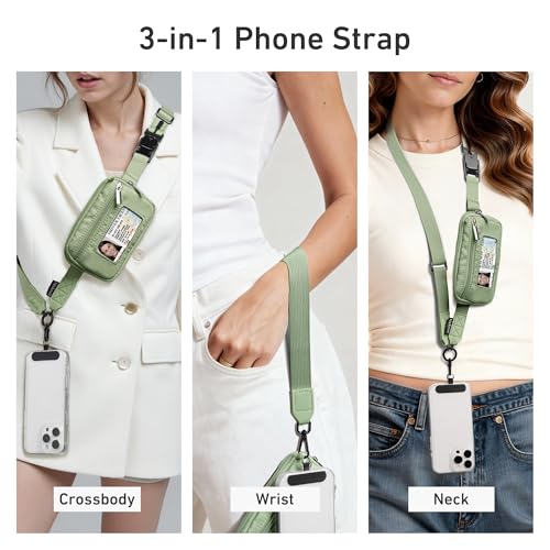 Nekmit Clip and Go Strap for Phone with Wallet Crossbody, Adjustable Phone Lanyard with Detachable Zippered Pouch & Wristlet - color: Green