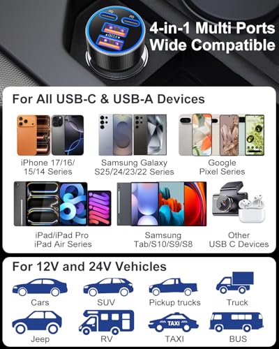 USB C Car Charger, 3 Pack 90W 4-Port Dual 45W Super Fast Car Phone Charger - color: Black