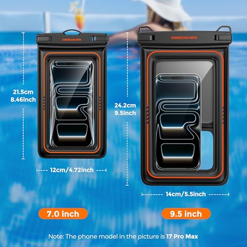 UNBREAKcable [UP to 9.5"]XL Size EXTRA Large Waterproof Phone Pouch Floating IPX8 Phone Case Dry Bag for iPhone 17 Air 16 15 14 Pro Max Samsung S25 Ultra, Travel Kayaking Beach Essentials - 2 Pack - size: 9.5 inch