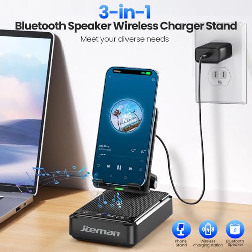 Jteman Cell Phone Stand with Bluetooth Speaker and Wireless Charger - color: Black