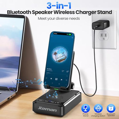 Jteman Cell Phone Stand with Bluetooth Speaker and Wireless Charger - color: Black