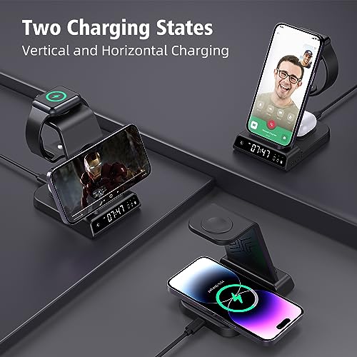 Wireless Charging Station, YiJYi 3 in 1 Watch Charger Stand with Digital Clock Suitable for iWatch SE/6/5/4/3/2/1,AirPods Pro, for iPhone 16/15/14/13/12/11 Pro Max/XS/XR/X/8/Samsung S23/S22/S21