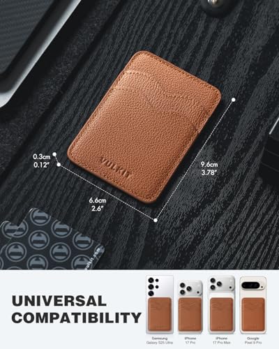VULKIT Stick on Card Holder Compatible for iphone Leather Cell Phone Wallet Credit Card Case Strong Sticker for Women - color: Genuine Brown