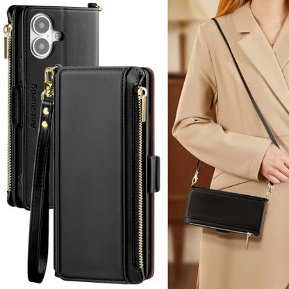 Antsturdy Crossbody Phone Wallet Case for iPhone 17,Black | RFID Blocking,PU Leather Flip Cover,Kickstand,with Credit Card Holder,Wrist Strap Lanyard & Handbag Purse,for Women & Men - color: (Crossbody)-Black