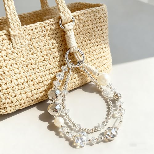 Luxury Pearl Phone Wrist Strap Crystal Diamond Beaded Keychain Wristlet for Phone Chain Wristlet Glitter Rhinestone Cellphone Lanyard Dual Chains Phone Strap Wrist Keychain Bag Charms for Handbags