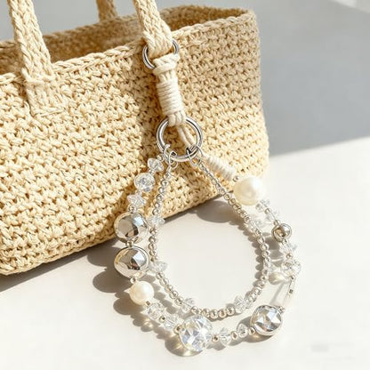 Luxury Pearl Phone Wrist Strap Crystal Diamond Beaded Keychain Wristlet for Phone Chain Wristlet Glitter Rhinestone Cellphone Lanyard Dual Chains Phone Strap Wrist Keychain Bag Charms for Handbags