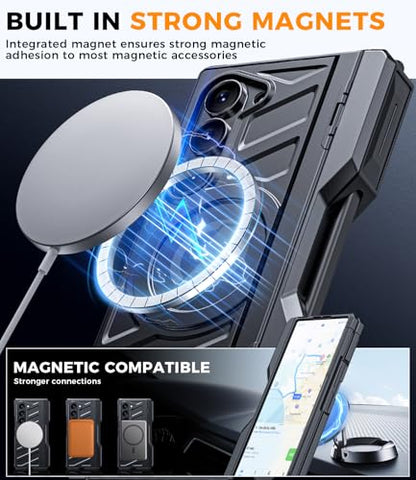 Magnetic Case for Samsung z-Fold-6: [Magsafe Compatible][Rugged Kickstand][S Pen Holder] Shockproof Armor Cover with Hinge Protection | for Business - color: Jet Black