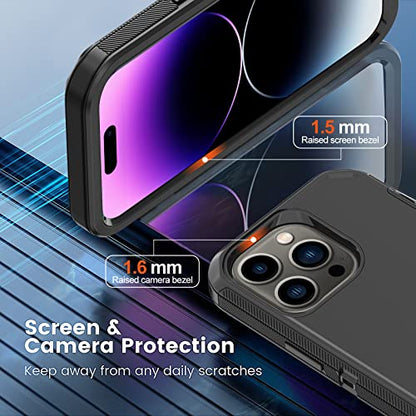 for iPhone 14 Pro Max Case with 2 Screen Protector, Heavy Duty Shockproof Drop Protection Rugged 3-Layer Military Tough Durable Protective Cover for Apple iPhone 14 Pro Max 6.7" (Black) - color: Black