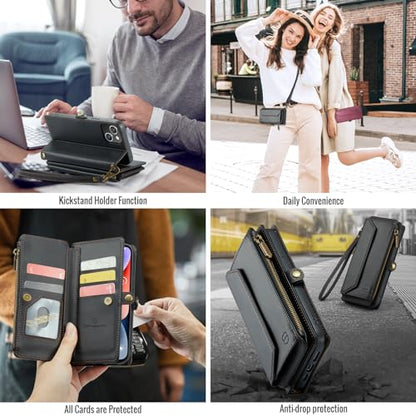 Strapurs Wallet Case Compatible with iPhone 14 RFID Blocking 7-Card Holder Soft PU Leather Magnetic Snap Shoulder Strap Zipper Pocket Phone Case Fit for iPhone 14 for Women 6.1" - Black | RFID Blocking 7-Card Holder, Shoulder Lanyard, Wirst Strap, Zipper