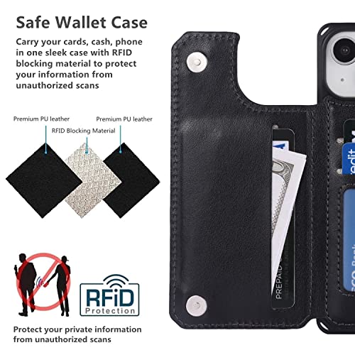 iCoverCase Compatible with iPhone 14 Wallet Phone Case with Card Holder for Women, RFID Blocking Embossed PU Leather Wrist Strap Case 6.1 Inch (Heart Black) - color: H-Black