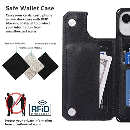 iCoverCase Compatible with iPhone 14 Wallet Phone Case with Card Holder for Women, RFID Blocking Embossed PU Leather Wrist Strap Case 6.1 Inch (Heart Black) - color: H-Black