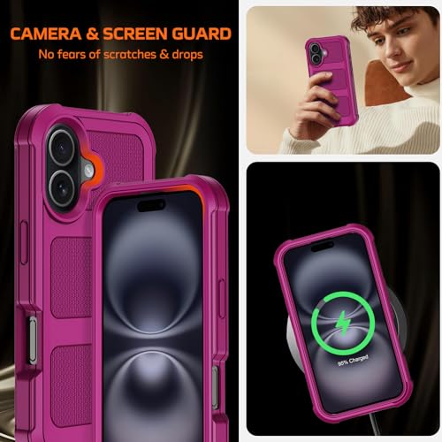 for iPhone 16 Plus Case with Belt Clip Holster,Anti-Drop Shockproof Bumper Phone Cases with 2X Screen Protectors & Kickstand,Rugged Heavy Duty Military Grade Protective Defender Cover (Burgundy) - color: Burgundy