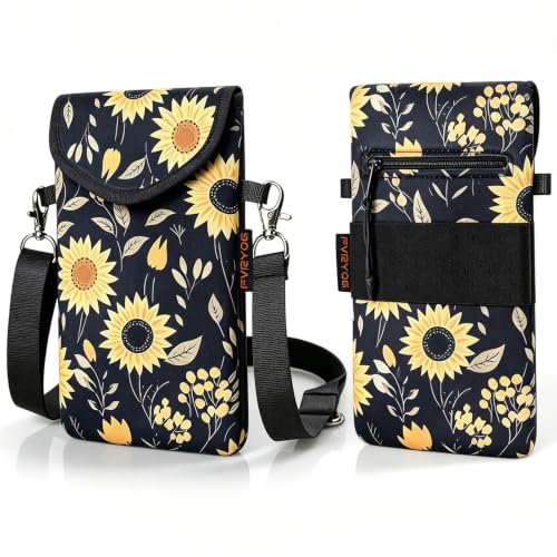 Neoprene Phone Sleeve Pouch Case Bag for Men Women w/Crossbody Strap/Neck Lanyard for iPhone 17/16/15/14 Pro Max, Samsung S25，Pixel 10 - color: Midnight Sunflower