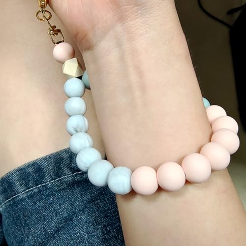 VICHUNHO Marble Silicone Beaded Phone Wrist Strap, Cellphone Lanyard with Tether Tab, Elastic Hands-Free Wristlet Bracelet - color: Pink