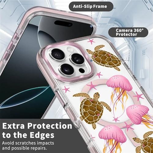 VisEnt Clear Case for iPhone 16 Pro, Magnetic Phone Case, Transparent Slim Cover, Military Grade Protection, Shockproof, Anti-Yellowing, Scratch Resistant, Pink Jellyfish Sea Turtle - color: Pink Jellyfish Sea Turtle, size: Iphone 16 Pro