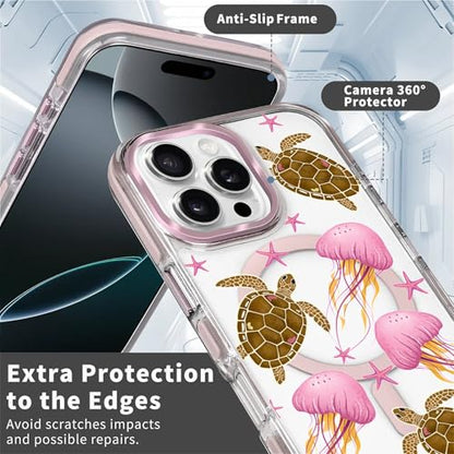 VisEnt Clear Case for iPhone 16 Pro, Magnetic Phone Case, Transparent Slim Cover, Military Grade Protection, Shockproof, Anti-Yellowing, Scratch Resistant, Pink Jellyfish Sea Turtle - color: Pink Jellyfish Sea Turtle, size: Iphone 16 Pro