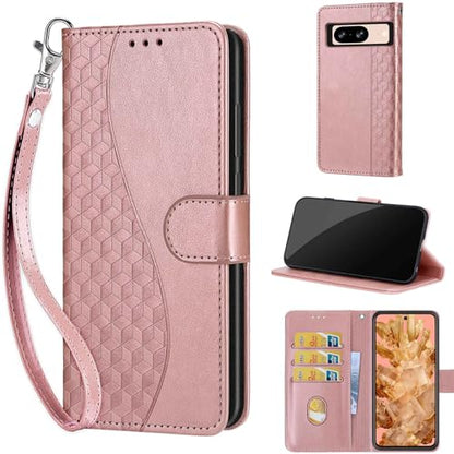 Wallet Case for Google Pixel 8, Rose Gold | Women Flip Folio Cover, Embossed PU Leather, Stand, Credit Card Holders Slots, Wrist Strap - color: 4