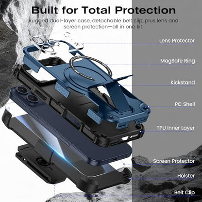 Caka 4-in-1 for iPhone 17 Pro Max Case with Belt Clip Holster and Stand | HD Glass Screen & Camera Lens Protector, Compatible with MagSafe, Hidden Kickstand, Rugged Heavy Duty Shockproof Phone Cover - color: Blue