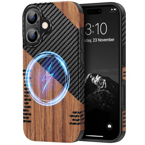 TENDLIN Magnetic Case Compatible with iPhone 16 Phone Case Wood Grain with Carbon Fiber Texture Design Leather Hybrid Slim Cover (Compatible with MagSafe) Twill - color: Magnetic Twill, size: iPhone 16