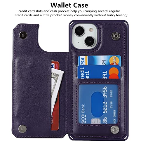 iCoverCase Compatible with iPhone 14 Wallet Phone Case with Card Holder for Women, RFID Blocking Embossed PU Leather Wrist Strap Case 6.1 Inch (Macaron Dark Purple) - color: P-Dark Purple
