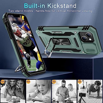DEERLAMN Case for iPhone 13/iPhone 14 6.1-Inch with Slide Camera Cover+Screen Protector(2 Packs),Rotated Ring Kickstand Military Grade Shockproof Protective Cover-Green - color: Green