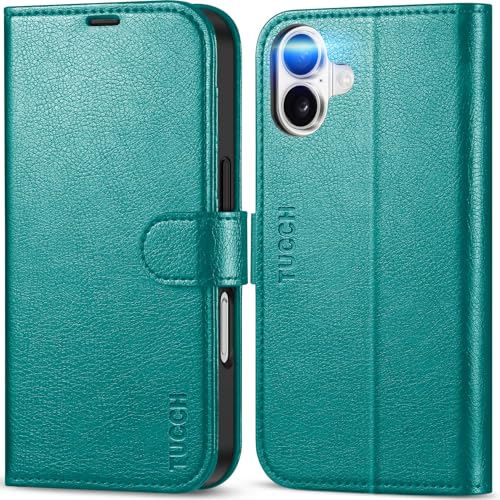 TUCCH Wallet Case for iPhone 16 (6.1") 2024, 4 Card Slots, Cyan | RFID Blocking, Viewing Stand, Shockproof TPU Shell, PU Leather, Magnetic Closure, Protective Folio Flip Cover - color: Textured Cyan