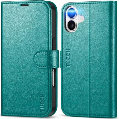 TUCCH Wallet Case for iPhone 16 (6.1") 2024, 4 Card Slots, Cyan | RFID Blocking, Viewing Stand, Shockproof TPU Shell, PU Leather, Magnetic Closure, Protective Folio Flip Cover - color: Textured Cyan