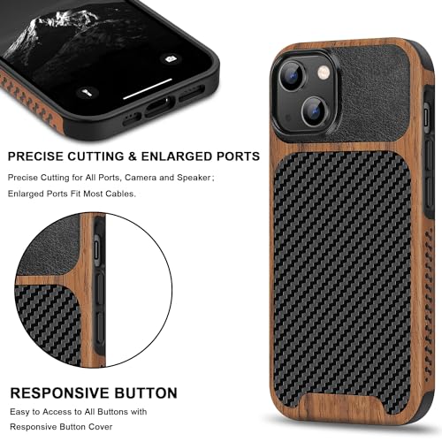 TENDLIN Magnetic Case Compatible with iPhone 15 Case Wood Grain with Carbon Fiber Texture Design Leather Hybrid Slim Cover (Compatible with MagSafe) Black - color: Magnetic Black, size: iPhone 15