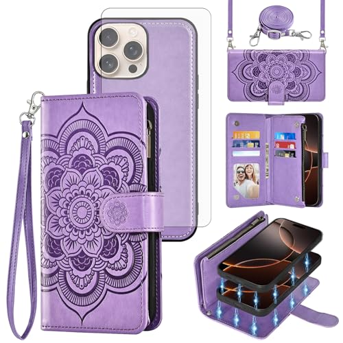Asuwish Phone Case for iPhone 16 Pro 6.3 inch Zipper Wallet Magnetic Detachable Cell Cover with Tempered Glass Screen Protector Crossbody Strap Flower Card Holder Slot i Phone16 i16 16Pro Women Purple - color: Purple