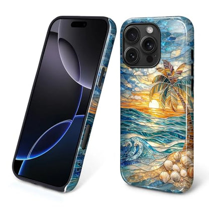 Case for iPhone 16 Pro, Dual Layer Phone Cover, Stained Glass Beach Palm - color: Stained Glass Beach Palm, size: Iphone 16 Pro